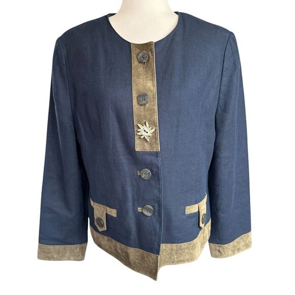 Meico Landhaus Look Jacket Womens Flax Blue Artsy Buttons Sz 12 Lined Classic - Picture 1 of 13